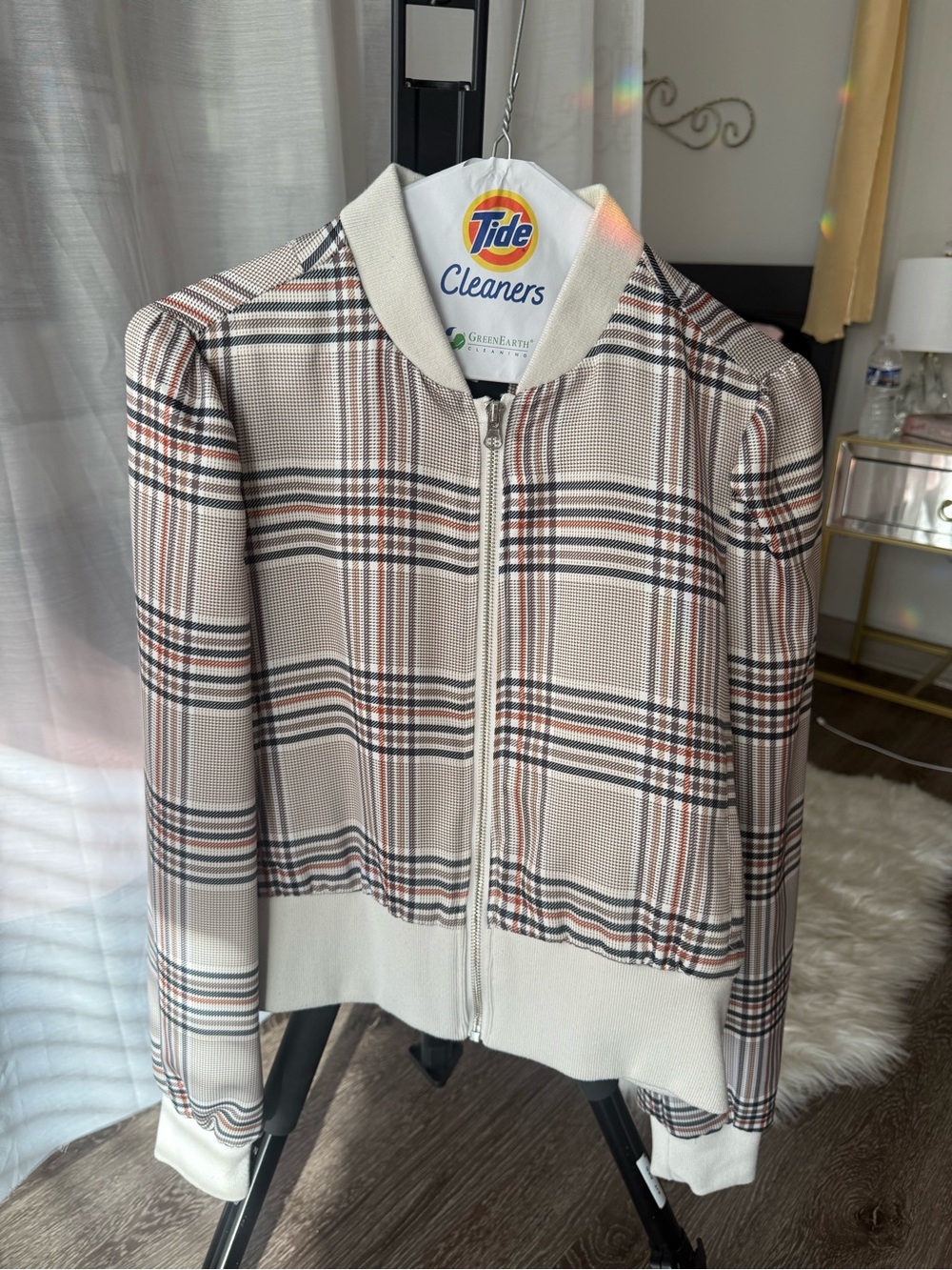Plaid Zip-Front Bomber Jacket in Cream and Brown